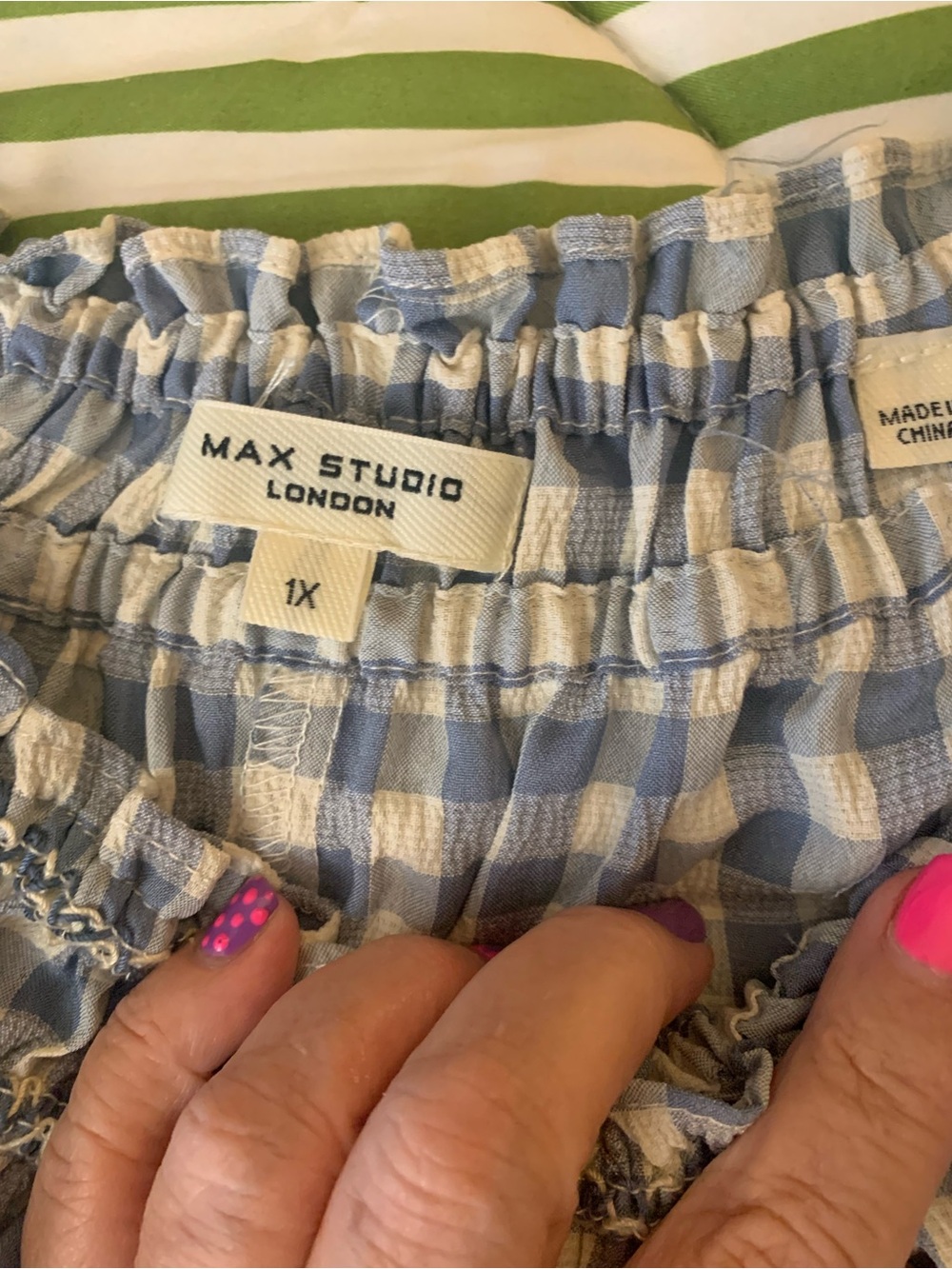 Max Studio Blue and White Gingham Off-Shoulder Top - Picture 6 of 8